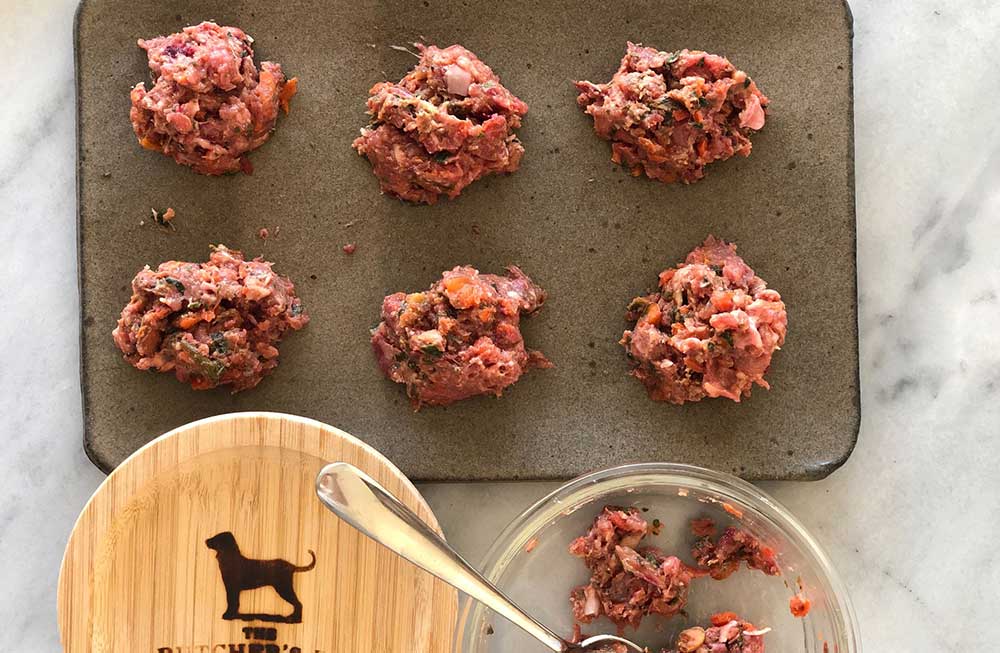 overhead shot of Butcher's Dog food on platter