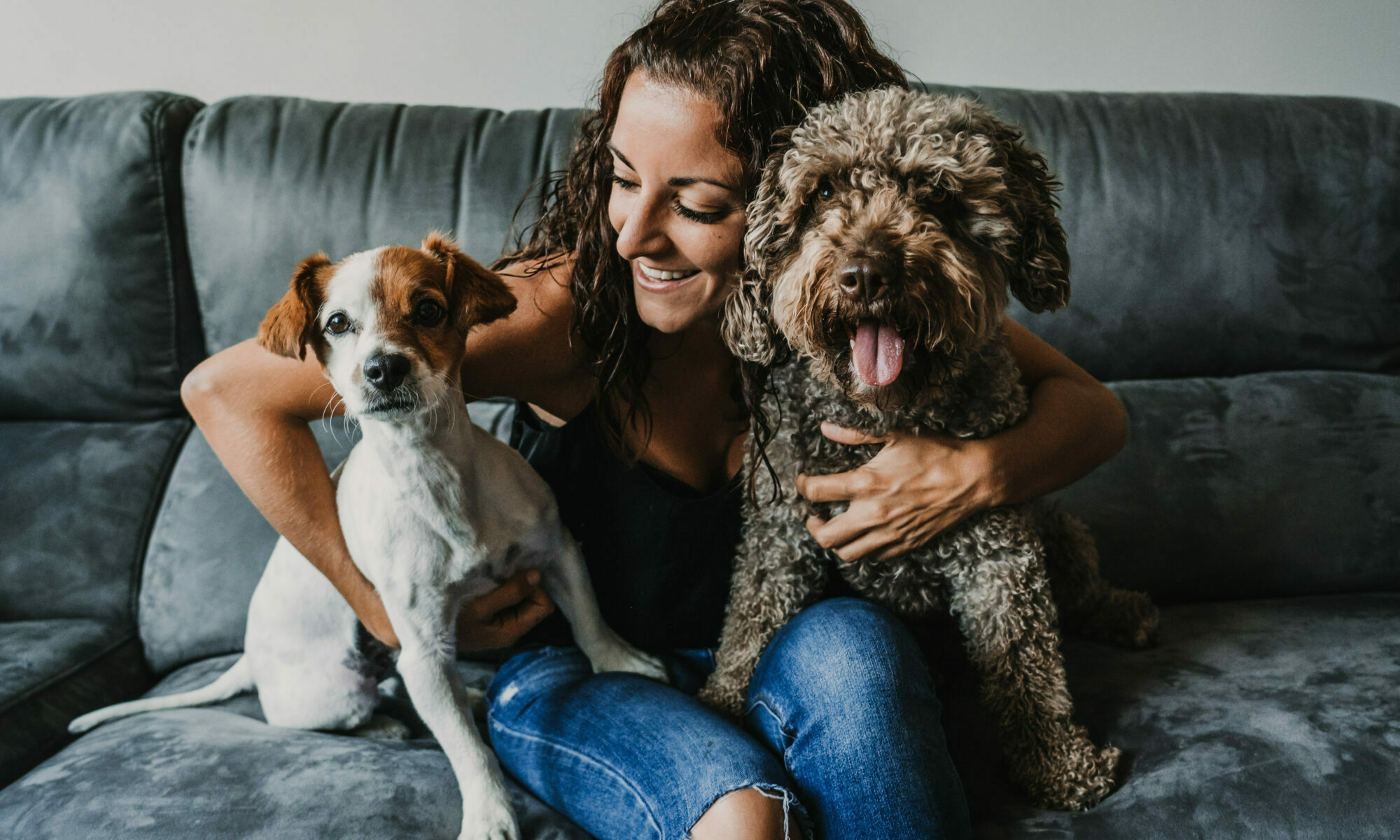 woman playing with her dogs in her sofa at home.